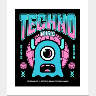 TECHNO  - One Eyed Alien (pink/blue) Posters and Art